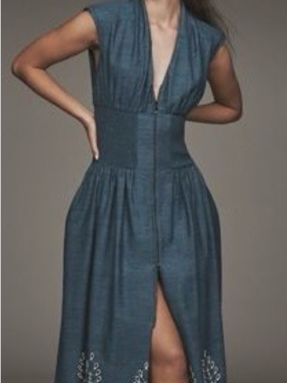 Anthropologie Denim-Effect V-Neck Zip Front Midi Dress in Chambray Blue